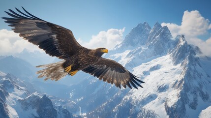 Fototapeta premium A magnificent golden eagle with expansive dark wings glides effortlessly through a clear blue sky above a vast and rugged landscape of snow-covered mountains, embodying strength and wilderness.
