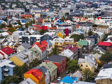 Downtown of Reykjav&iacute;k - City of Sagas, with old and new colorful residential buildings, top view. Beautiful capital and largest Icelandic city. Fr&iacute;kirkjuvegur district, Reykjanes Peninsula, Iceland.