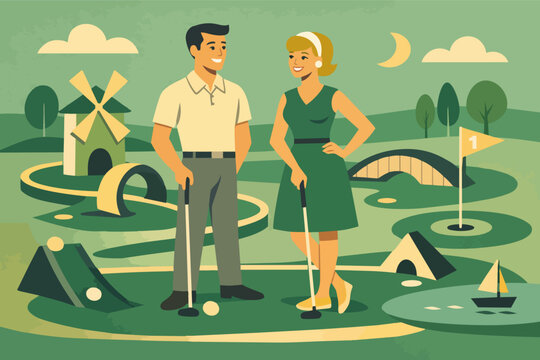 Smiling couple enjoying a game of mini golf, having fun on a retro date