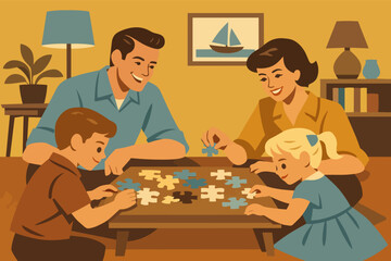Fototapeta premium Family enjoying game night putting together a jigsaw puzzle in retro style