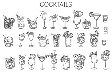 Hand drawn cocktail sketch . Whimsical food and drink doodles set. Hand drawn vector illustration for menu, packaging design. Cocktails quirky icons, simple sketch style. Minimalist line art.