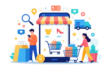 Online shopping concept with people and mobile phone displaying products and carts