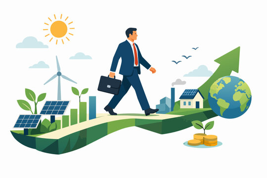 Businessman walking sustainable green path towards economic environmental, social, governance future