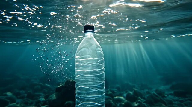 Plastic water bottle floating underwater in deep blue ocean. Clear plastic bottle with blue cap drifting in sunlit water with bubbles and rocky seabed background.