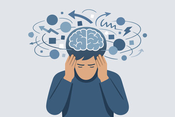 Person feeling overwhelmed and stressed with a brain full of chaotic thoughts
