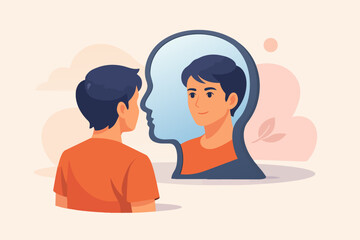 Fototapeta premium Man seeing his reflection in a stylized mirror illustrating self-perception and identity