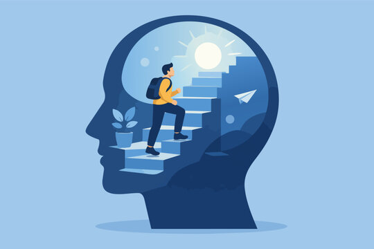 Man climbing steps inside head, symbolizing mental progress and personal growth