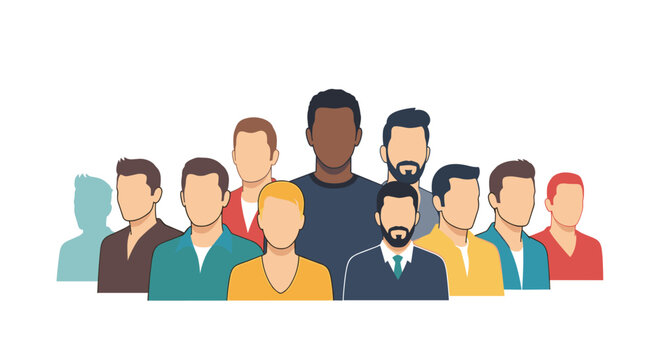 A diverse group of professional men with varied skin tones and hairstyles stand facing forward on a white background.