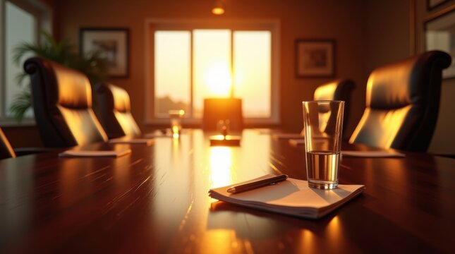 Elegante sala de conferencias ba&ntilde;ada por la c&aacute;lida luz del atardecer, vaso de agua y bloc de notas sobre una mesa de madera pulida, ambiente profesional