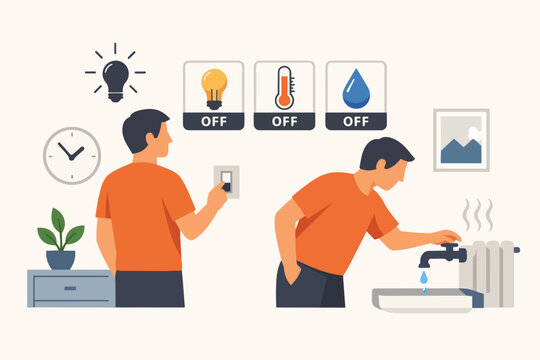 People practicing energy saving and sustainability, turning off lights and conserving water