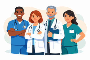 Fototapeta premium Diverse medical team standing together, conveying unity and healthcare professionalism
