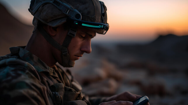 Dynamic scene faceless soldier using AR wrist device synced with helmet display, defocused desert dusk casting dramatic orange glow, rugged gear and surrounding dunes, with copy