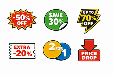 Sales offer labels and discount promotion stickers for shopping marketing