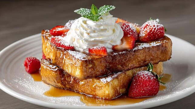 A delicious stack of French toast topped with strawberries and whipped cream on a white plate