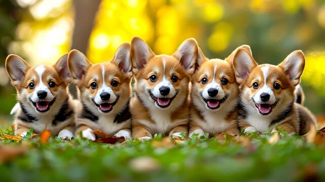Five corgi puppies sitting in a row outdoors. Group of five pembroke welsh corgi puppies sitting together on grass with blurred autumn forest background.