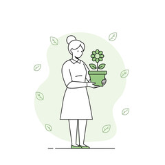 Woman Holding a Potted Blooming Flower: An Illustration of Gardening and Nurturing in a Minimalist