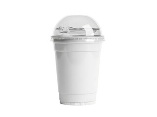 Obraz premium A white insulated cup with a frosted lid and a small handle on the side