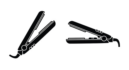 Two black flat irons depicted in a minimalist graphic silhouette
