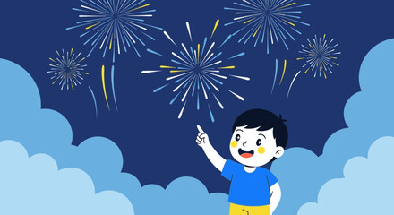 Fototapeta premium Young Boy Gazing At Festive Fireworks Display In The Night Sky