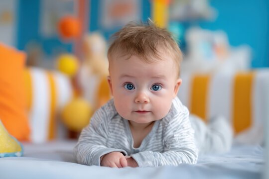 Curious baby boy enjoying tummy time