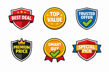 Promo sales badges offering best deal, top value, trusted offer, smart buy, premium price