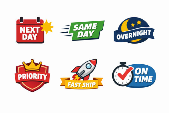 E-commerce express delivery service badges for fast shipping and priority logistics