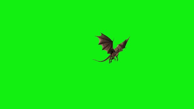 A detailed 3D animated dragon glides across the frame from left to right with its wings spread against a solid green chroma key background. This high-quality fantasy creature asset is designed for sea