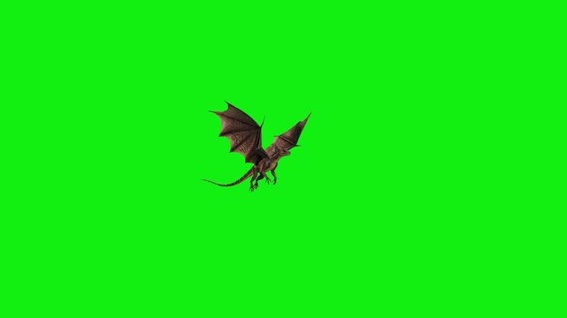 A detailed 3D animated dragon glides across the frame from left to right with its wings spread against a solid green chroma key background. This high-quality fantasy creature asset is designed for sea