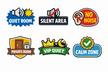 Quiet, silent, and private area signs. Set of calm and no noise zone badges