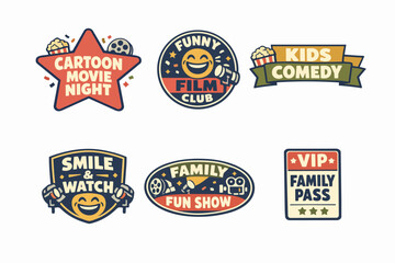 Obraz premium Collection of movie entertainment badges promoting family fun, cartoon nights, and film clubs
