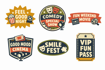 Obraz premium Labels for cinema and movie entertainment with popcorn, comedy masks, and film elements