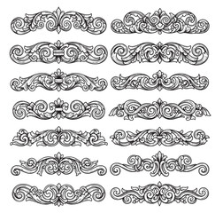 Fototapeta premium Hand drawn vintage page dividers with decorative floral swirls and scrolls.
