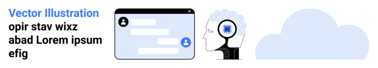 Fototapeta premium Artificial intelligence, cloud computing, neural networks, online communication, technology innovation, data processing. Human profile with brain activity, chat interface, and cloud design