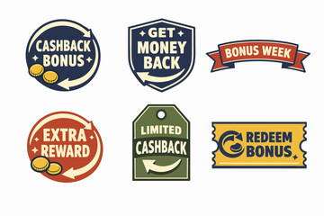 Collection of retro style marketing labels promoting cashback, bonus, and money-back offers