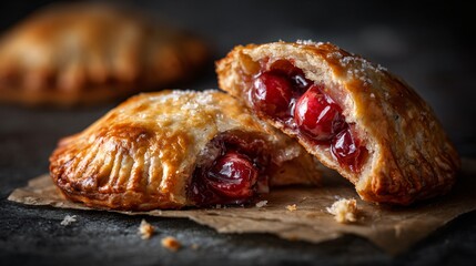 Cherry hand pies with one bite taken out, casual lifestyle realism