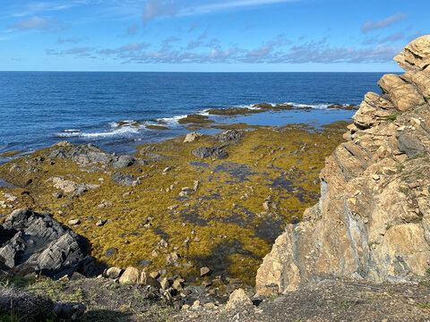 Rocky outcrop at Lobster Cove Head Lighthouse at Gros Morne National Park in Newfoundland, Canada. Overlooking the Gulf of St Lawrence, Bonne Bay and Rocky Harbor.