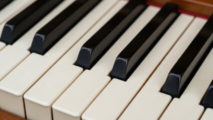 A close-up view of a piano keyboard with black and white keys