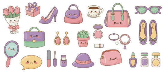 Cute Fashion and Beauty Accessories Kawaii Vector Elements
