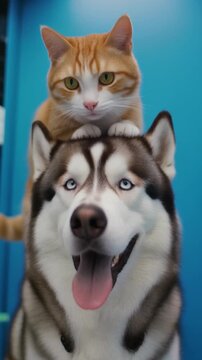Funny Huskey Dog And Cat Sitting On Top, Indoor Portrait Photography