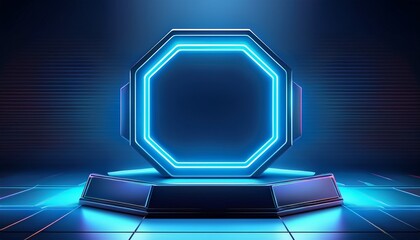 futuristic octagonal podium with neon frame dark blue cyberpunk abstract stage display gaming event showcase tech product presentation dynamic geometric background