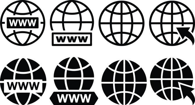Collection of various world wide web and globe icons in black and white