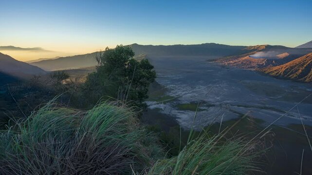 Timelapse of Bromo volcano at sunrise, East Java, Indonesia ,slider shot
