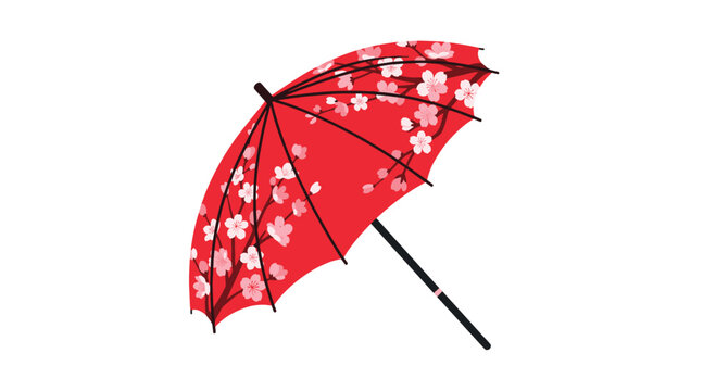 A beautiful red Japanese parasol or umbrella adorned with delicate pink cherry blossoms against a white background.