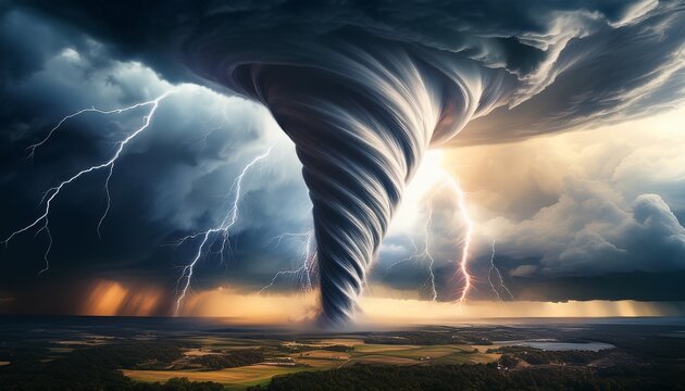 destructive tornado funnel swirling through thunderclouds with striking lightning effects