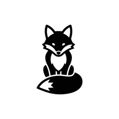 Simple black silhouette icon of a cute fox sitting with a bushy tail, isolated on white background.