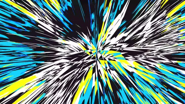 Dynamic radial burst featuring blue and yellow sharp fragments radiating from the center. This high-impact animation provides a bold and bright visual for commercial video projects.
