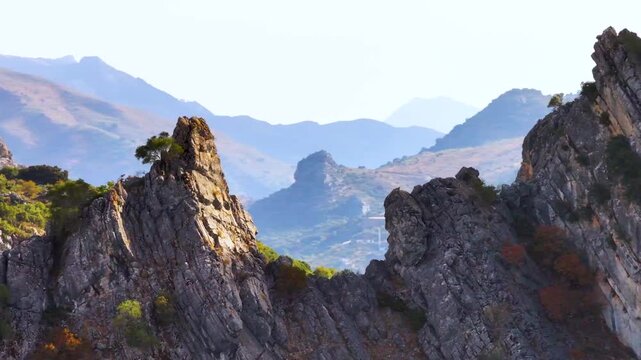 Aerial view of Montejaque dam and massive limestone cliffs in Ronda mountains