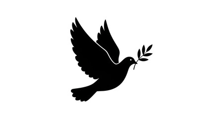 Obraz premium Flying dove silhouette with olive branch symbol of peace freedom hope isolated on white background black vector illustration.