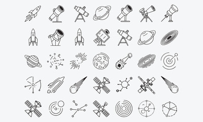 Space icon Containing science, astronomy, satellite, universe, astronaut, rocket, comet, telescope, planet, solar system, galaxy and more. © DreamArtPro