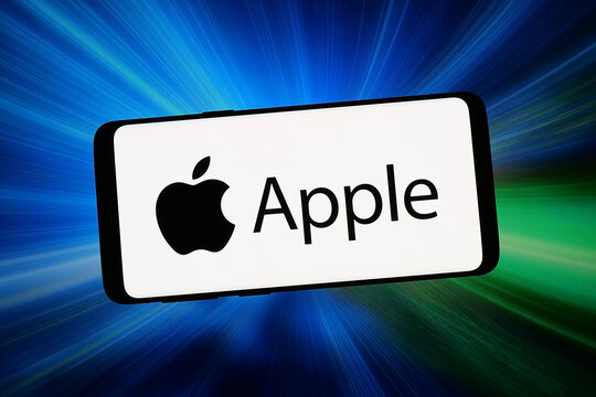 Stuttgart, Germany - 02-09-2026: In this photo illustration, the logo of US technology company Apple Inc. is displayed on a smartphone in front of abstract background on computer screen.